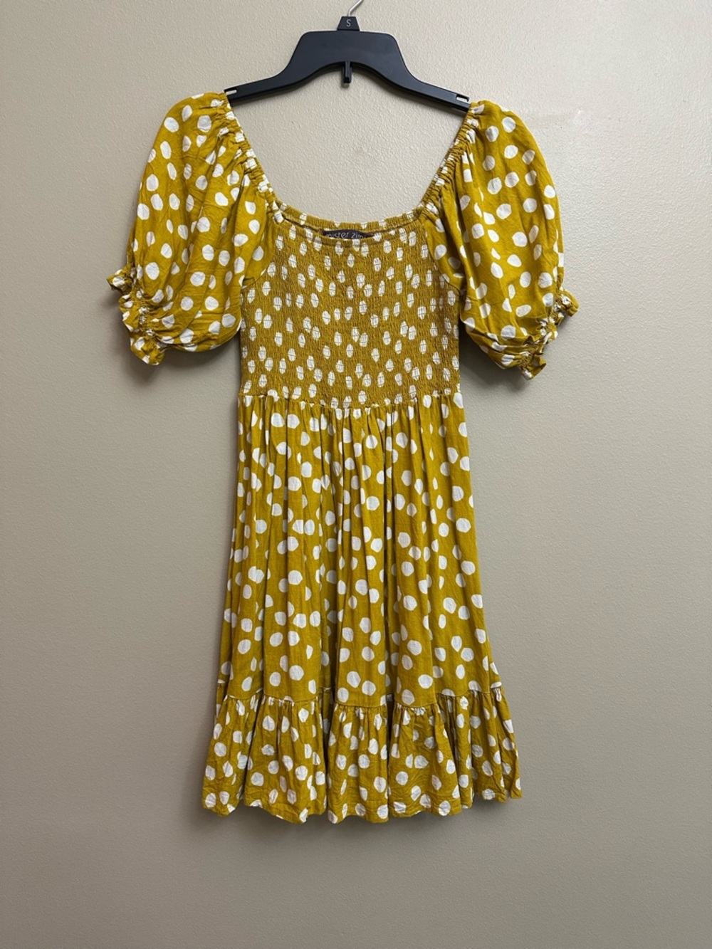 Mister Zimi Linen Blend Mustard Yellow Polka Dot Smocked Dress